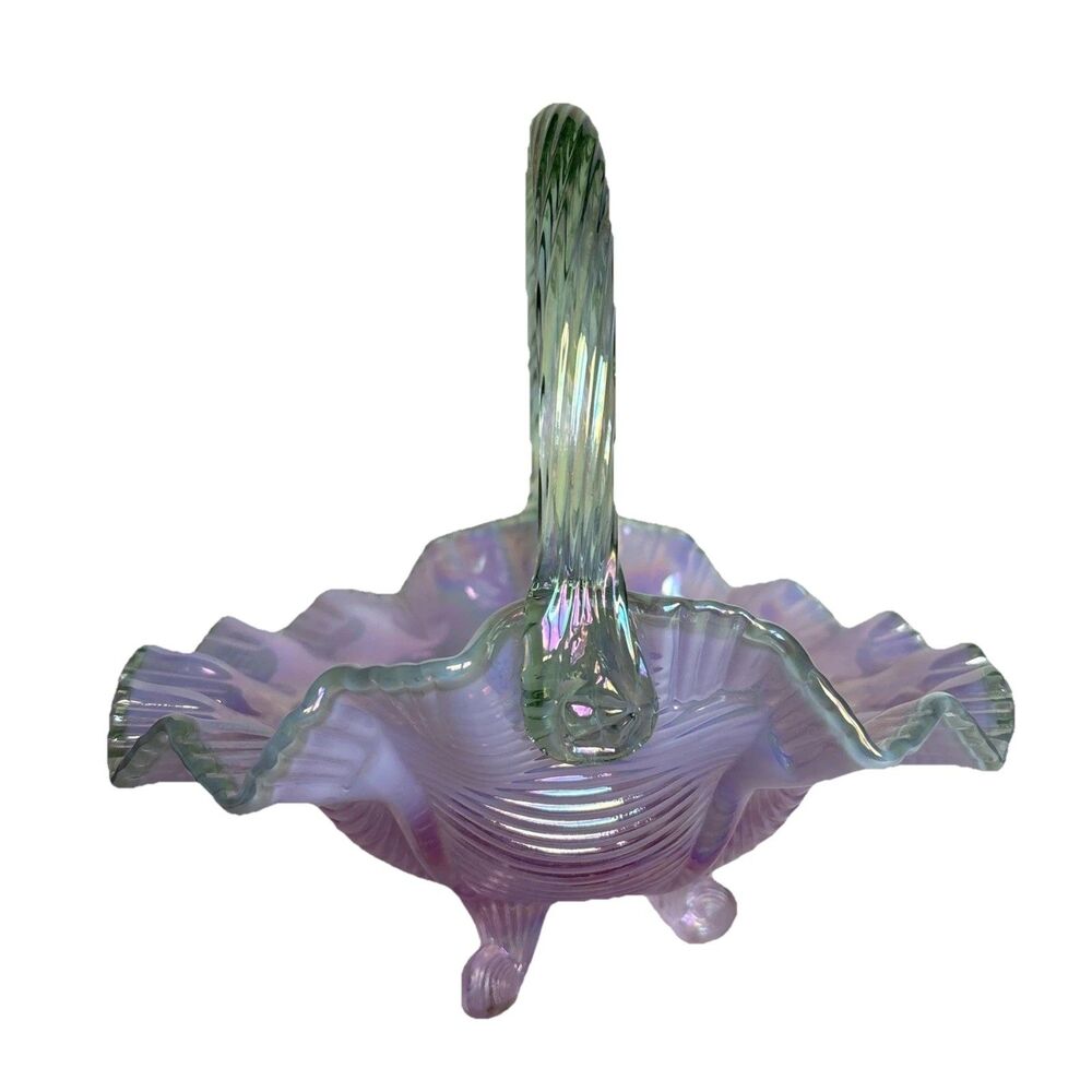 NWT VTG 2004 5739NH Footed Fenton Glass Pink Opalescent Basket 9" Green